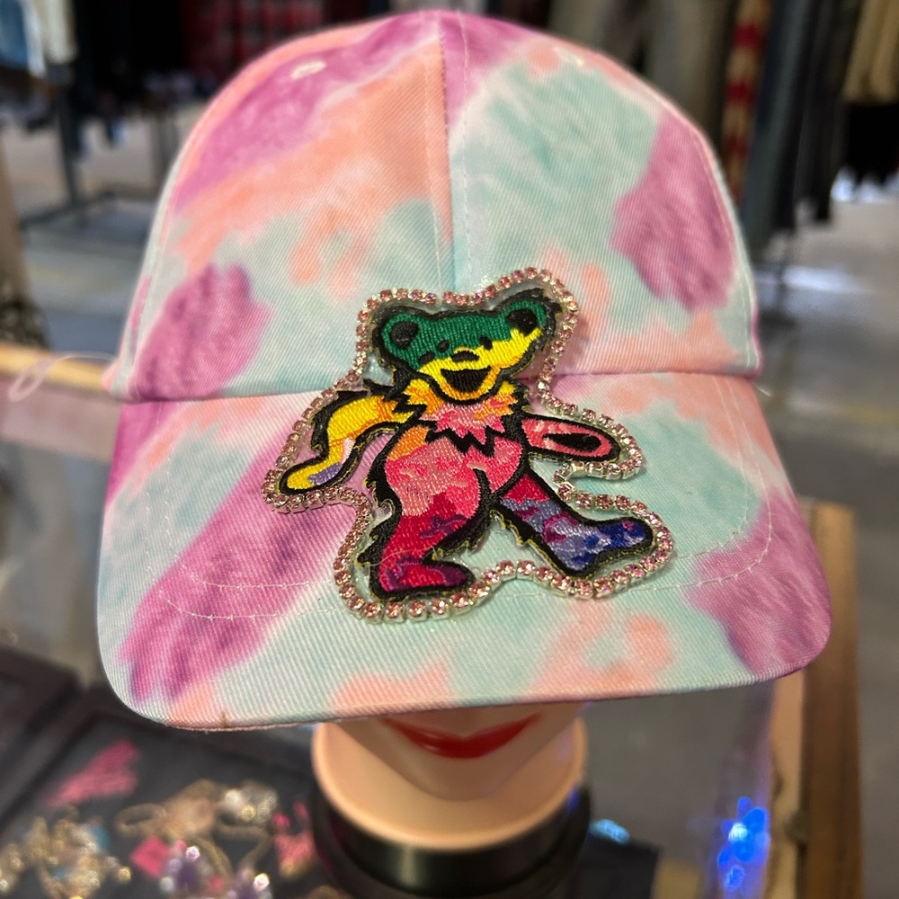 Colorful Tie-Dye Cap with Grateful Dead Bear Patch - OOAK Handmade
